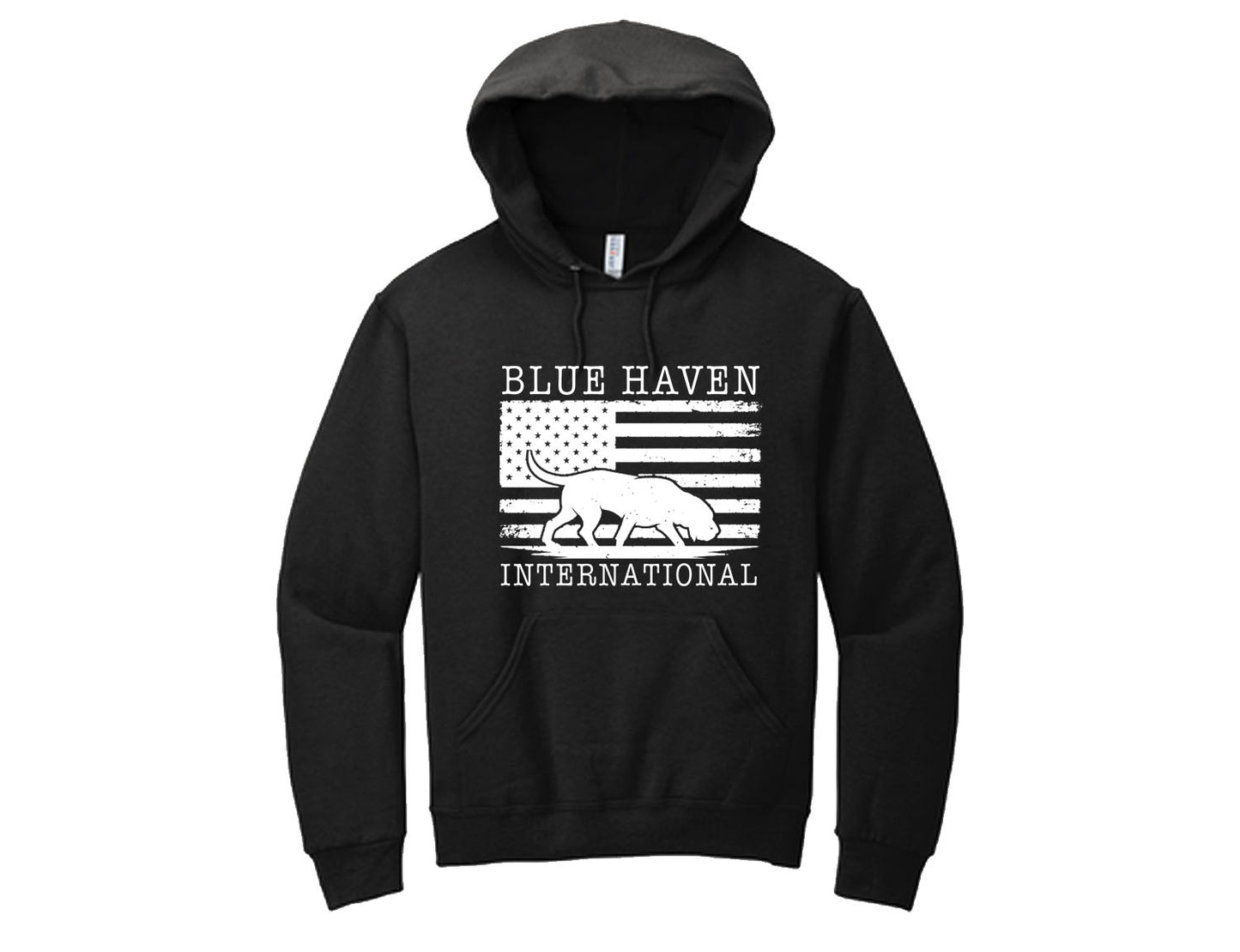 Celebrate pride and purpose with this black hoodie featuring Gerty the bloodhound against a distressed American flag backdrop. Bold yet timeless, this design is perfect for those who believe in Blue Haven International’s mission. Wear it to show your support and stand with a cause that matters.