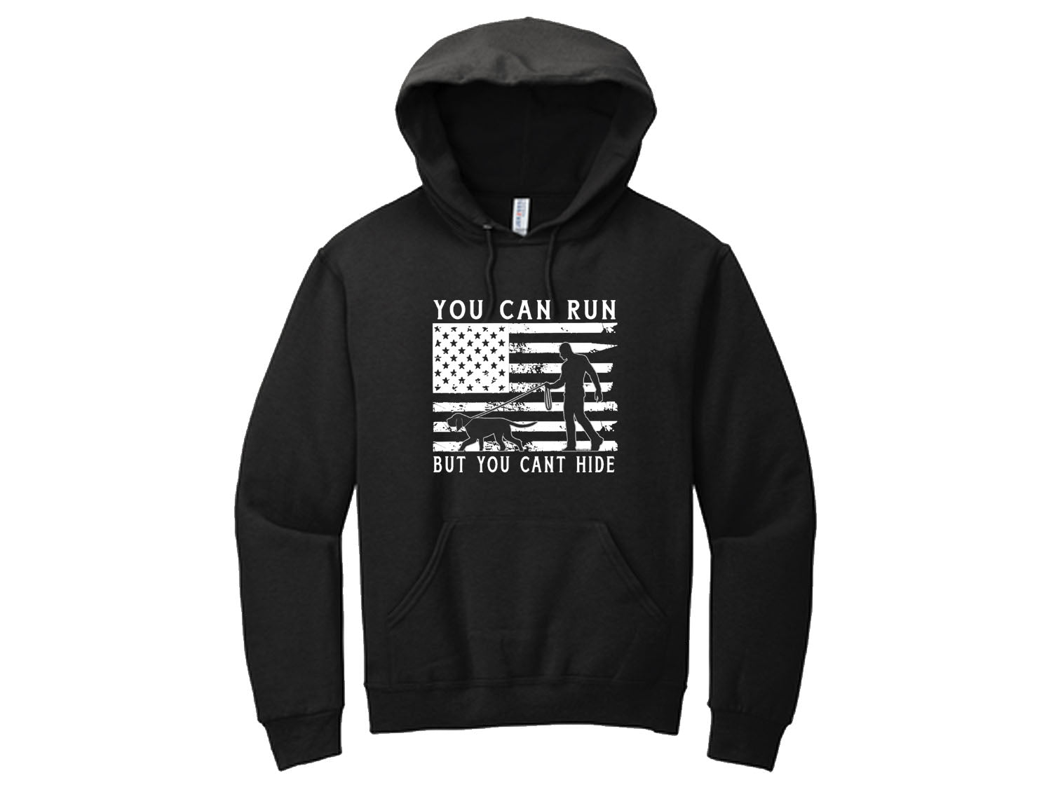 Make a statement with this bold black hoodie featuring K9 Gerty, the bloodhound, and the powerful message: “You Can Run, But You Can’t Hide.” With a distressed American flag background and striking silhouette artwork, this hoodie celebrates justice, loyalty, and the relentless spirit of Blue Haven International.